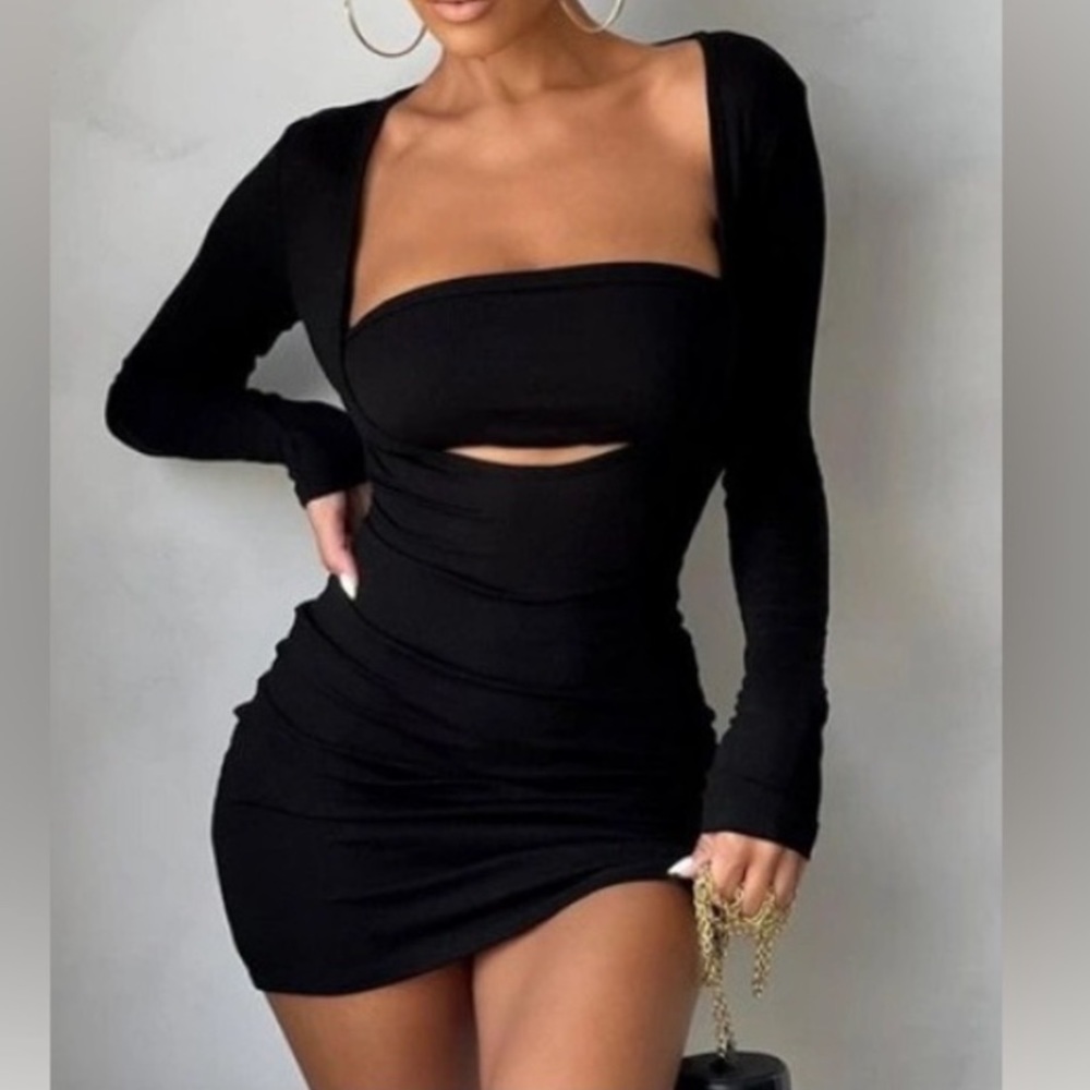2 Pc Sexy Hollow Cut Rib Knit Halter Top W/ Long Sleeve Bodycon Black Mini Dress